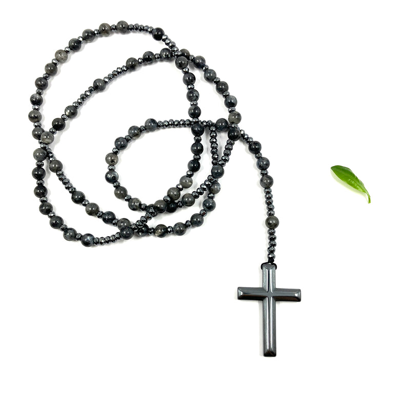 Großer Rosenkranz zum Umhängen Rosenkranzkette Kette katholisch Geschenk Mann Männerrosenkranz edelstein geknüpft schönes kreuz edelsteinkreuz hämatit blutstein Labradorit schwarz grau 
