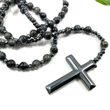 Großer Rosenkranz zum Umhängen Rosenkranzkette Kette katholisch Geschenk Mann Männerrosenkranz edelstein geknüpft schönes kreuz edelsteinkreuz hämatit blutstein Labradorit schwarz grau 