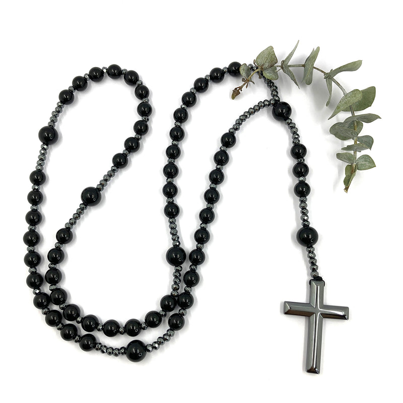 Großer Rosenkranz, zum Umhängen, Rosenkranzkette, Gebetskette, Dekorosenkranz, Rosenkranz zur Dekoration, Wandrosenkranz, zum aufhängen an der Wand, dunkel, schwarz, Edelstein-Rosenkranz,, Geschenk für Pfarrer, Bischof, geknüpft, Rosenkranzkette zum Umhängen, opluent, Hingucker, Hämatit, Onyx
