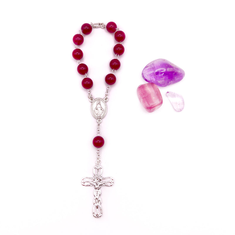 Edelsteinrosenkranz Kurzer Rosenkranz aus Silber mit Edelsteinperlen roter Amethyst Mädchen Geschenk Kommunion Erstkommunion Firmung Konfirmation Zehnerrosenkranz  Edelstein violett lila himbeer rosa rot Silberrosenkranz Rosenkranz Silber