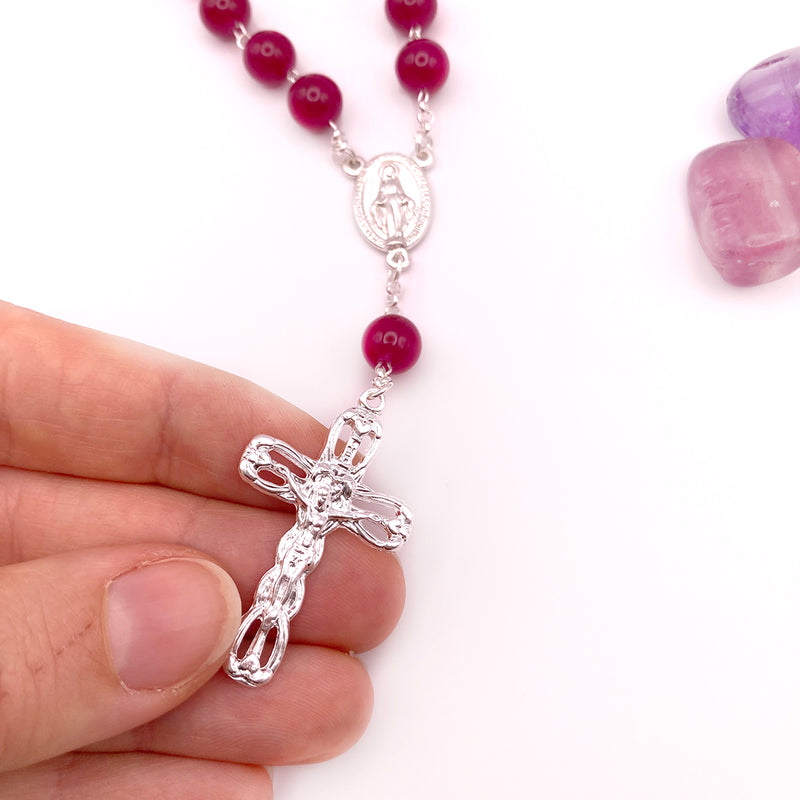 Edelsteinrosenkranz Kurzer Rosenkranz aus Silber mit Edelsteinperlen roter Amethyst Mädchen Geschenk Kommunion Erstkommunion Firmung Konfirmation Zehnerrosenkranz  Edelstein violett lila himbeer rosa rot Silberrosenkranz Rosenkranz Silber
