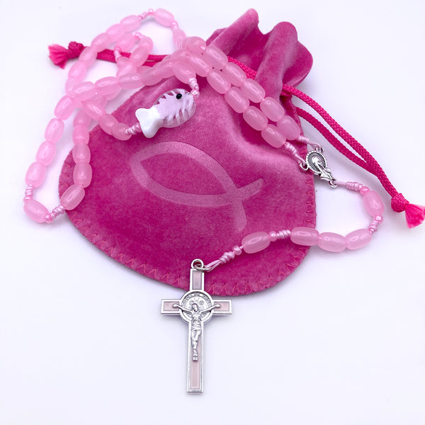 Design-Rosenkranz Unikat handgeknüpft geknüpft Porzellanperlen, Glasperlen Glasrosenkranz Individueller Rosenkranz für Frauen Mädchen Geschenk zur Firmung Erstkommunion Taufe Rosenkranz Geschenk Konfirmation Mädchen hellrosa rosa pink Kommunionsgeschenk Kommunionsrosenkranz Erstkommunion Geschenk Firmung Konifrmation Rosenkranzkette Fisch Fischperle