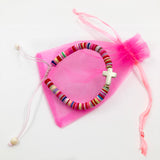 Kinderarmband für Mädchen, rosa, pink, Armband bunt, Regenbogen, Kreuzanhänger, Anhänger Kreuz,. Geschenk Erstkommunion, Kommunion, Geburtstagsgeschenk für Kinder, Gechenk zu Weihnachten für Kinder