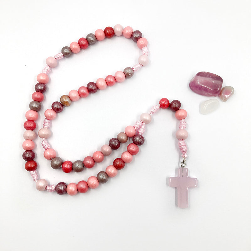 Design-Rosenkranz, Unikat, besonderer Kommunionsrosenkranz, individuell, handgeknüpft, geknüpft, Individueller Rosenkranz für Frauen, Mädchen, Geschenk zur Firmung, Erstkommunion, Taufe,  Rosenkranz, Holzrosenkranz, Kommunionsrosenkranz, Kinderrosenkranz, Autorosenkranz, Geschenk Konfirmation, rosa Holzrosenkranz, bunte Perlen, Mädchen, rosa, pink, Kreuz rosa