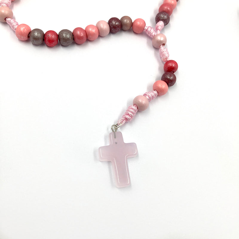 Design-Rosenkranz, Unikat, besonderer Kommunionsrosenkranz, individuell, handgeknüpft, geknüpft, Individueller Rosenkranz für Frauen, Mädchen, Geschenk zur Firmung, Erstkommunion, Taufe,  Rosenkranz, Holzrosenkranz, Kommunionsrosenkranz, Kinderrosenkranz, Autorosenkranz, Geschenk Konfirmation, rosa Holzrosenkranz, bunte Perlen, Mädchen, rosa, pink, Kreuz rosa