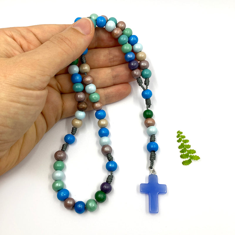 Design-Rosenkranz, Unikat, besonderer Kommunionsrosenkranz, individuell, handgeknüpft, geknüpft, Individueller Rosenkranz für Frauen, Mädchen, Männer, Jungen, Geschenk zur Firmung, Erstkommunion, Taufe,  Rosenkranz grün, braun, Holzrosenkranz, Kommunionsrosenkranz, blauer, grüner, Kinderrosenkranz, Autorosenkranz, Geschenk Konfirmation, blauer Holzrosenkranz, bunte Perlen, Jungs, blaues Kreuz