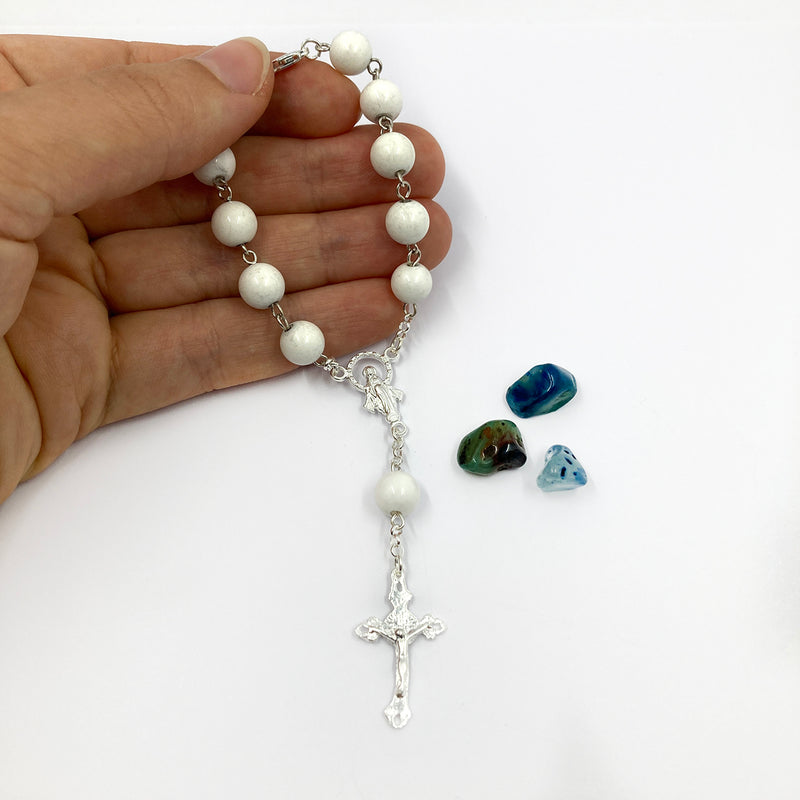 Sterlingsilber Rosenkranz weiß, Weißer Rosenkranz kurz, Zehnerrosenkranz weiß, Geschenk Rosenkranz weiß zur Erstkommunion, Rosenkranz weiss zur Kommunion, Geschenk für Jungen Taufe, Geschenk Mädchen Taufe, Taufrosenkranz, Kommunionsrosenkranz weiß, KOmmunionsgeschenk, Geschenk Kommunion für Jungs