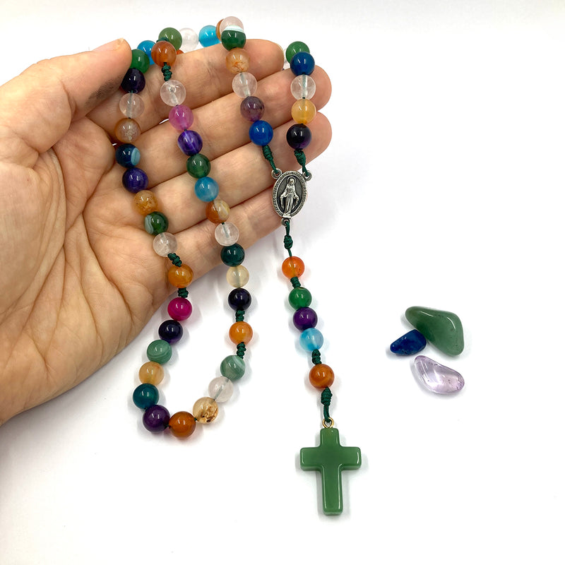 Design-Unikat: Rosenkranz, bunte Edelstein-Perlen Achat, grün/blau/violett