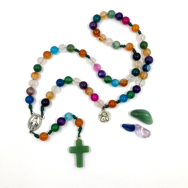 Design-Unikat: Rosenkranz, bunte Edelstein-Perlen Achat, grün/blau/violett
