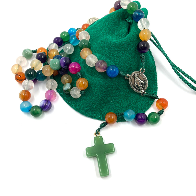 Design-Unikat: Rosenkranz, bunte Edelstein-Perlen Achat, grün/blau/violett