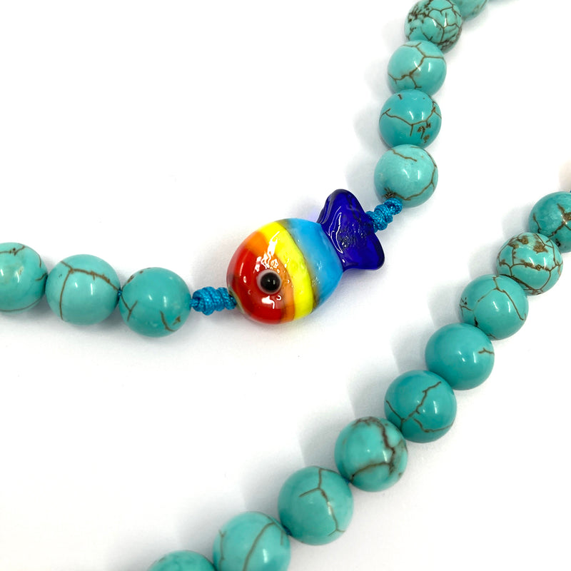 Design Rosenkranz Unikat individuell geknüpft handgeknüpft Edelstein Edelsteinrosenkranz Perlen Türkis Edelsteinkreuz türkis blau hellblau dunkelblau Geschenk Bub Junge Mann Konfirmation Firmung Erstkommunion Kommunion Fisch Fischperlen Zwischenperlen 6 mm Autorosenkranz Rosenkranz Jugendweihe Katholisch christlich Olivenholzkreuz Olivenholz bunt