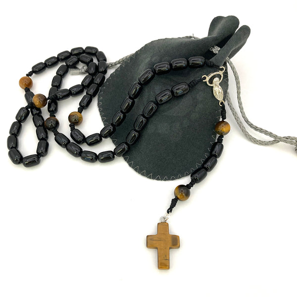 Großer Rosenkranz zum Umhängen Rosenkranzkette Gebetskette Dekorosenkranz schwarz Edelstein braun Tigerauge  Rosenkranz zur Dekoration Edelstein-Rosenkranz,, Geschenk für Pfarrer  Bischof  geknüpft  Rosenkranzkette zum Umhängen Hingucker Design unikat besonders Männerrosenkranz außergewöhnlich individualisiert personaliisert geschenk Jungen Bub Konfirmation Firmung 