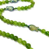 Design Rosenkranz Unikat individuell geknüpft handgeknüpft Edelstein Edelsteinrosenkranz Perlen Peridot grün Edelsteinkreuz Geschenk Bub Junge Mann Konfirmation Firmung Erstkommunion Kommunion Fisch Fischperlen Zwischenperlen 6 mm Autorosenkranz Rosenkranz Jugendweihe Katholisch christlich 