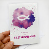 moderne Glückwunschkarte zur Kommunion Erstkommunion für Mädchen Fisch Fischmotiv pink rosa lila violett Kommunionskarte  Erstkommunionskarte Glückwünsche zur Kommunion christliches Motiv Fisch