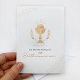 Schöne moderne Glückwunschkarte zur Kommunion  Erstkommunion Kelch katholisch christlich Kommunionskarte Erstkommunionskarte  Glückwünsche zur Kommunion  neutral neutrale Farben geschlechtsneutral hochwertig edel neutral für Jungen und Mädchen