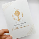 Schöne moderne Glückwunschkarte zur Kommunion  Erstkommunion Kelch katholisch christlich Kommunionskarte Erstkommunionskarte  Glückwünsche zur Kommunion  neutral neutrale Farben geschlechtsneutral hochwertig edel neutral für Jungen und Mädchen