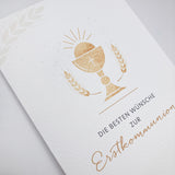 Schöne moderne Glückwunschkarte zur Kommunion  Erstkommunion Kelch katholisch christlich Kommunionskarte Erstkommunionskarte  Glückwünsche zur Kommunion  neutral neutrale Farben geschlechtsneutral hochwertig edel neutral für Jungen und Mädchen