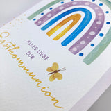 Schöne moderne Glückwunschkarte zur Kommunion Erstkommunion für Mädchen Regenbogen bunt Kommunionskarte  Erstkommunionskarte Glückwünsche zur Kommunion christliches Motiv