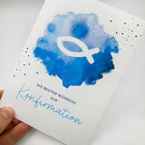 moderne Glückwunschkarte zur Konfirmation Firmung für Jungen Jungs Buben Bub Fisch Fischmotiv blau hellblau türkis dunkelblau Firmkarte Konfirmationskarte  Glückwünsche zur Konfirmation christliches Motiv Fisch 