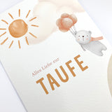 Karte Taufe, Taufkarte, Glückwunschkarte zur Taufe, Grußkarte Taufe, Tier, Sonne, orange, gelb, geschlechtsneutral, Karte für Kinder, Kindermotiv, Zeichnung, Taufgeschenk, Geschenk zur Taufe, Bär