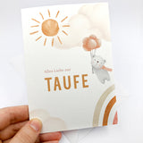 Karte Taufe, Taufkarte, Glückwunschkarte zur Taufe, Grußkarte Taufe, Tier, Sonne, orange, gelb, geschlechtsneutral, Karte für Kinder, Kindermotiv, Zeichnung, Taufgeschenk, Geschenk zur Taufe, Bär