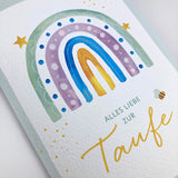 Glückwunschkarte zur Taufe Regenbogen modern bunt geschlechtsneutral neutral gelb grün Karte Taufgeschenk Mädchen Junge bub kindermotiv Geschenk Patenkind Taufpate Taufpatin