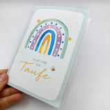 Glückwunschkarte zur Taufe Regenbogen modern bunt geschlechtsneutral neutral gelb grün Karte Taufgeschenk Mädchen Junge bub kindermotiv Geschenk Patenkind Taufpate Taufpatin