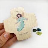 Taufgeschenk für Junge Bub Kinderkreuz Geschenk Taufe Kreuz Engel Engelsmotiv Holzkreuz für Kinder Taufkreuz Wandkreuz Schutzengel 9 cm klein Geschenk Geburt neutral blau grün