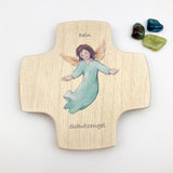 Taufgeschenk für Junge Bub Kinderkreuz Geschenk Taufe Kreuz Engel Engelsmotiv Holzkreuz für Kinder Taufkreuz Wandkreuz Schutzengel 9 cm klein Geschenk Geburt neutral blau grün