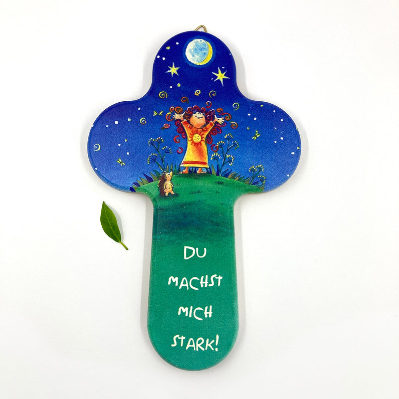 Taufgeschenk Kreuz Holzkreuz schönes Motiv blau grün Kind Sterne Mond Geschenk zur Taufe für Mädchen Jungen christliches katholisches Taufgeschenk Geschenk zur Geburt Kinderkreuz Wandkreuz 16 cm bunt Spruch du machst mich stark 