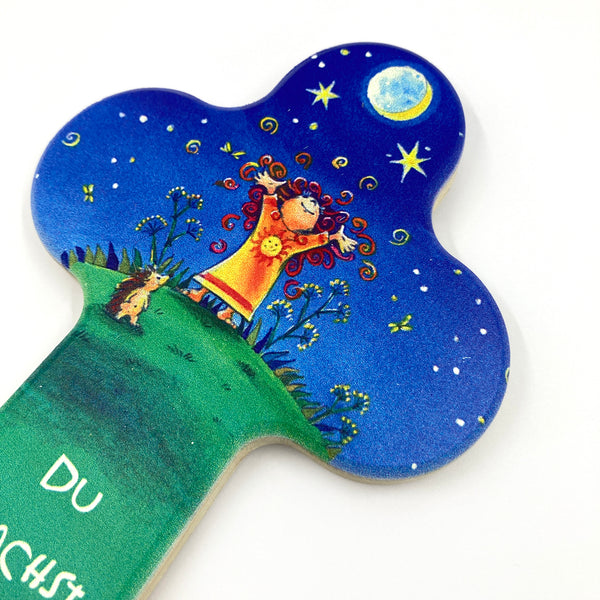 Taufgeschenk Kreuz Holzkreuz schönes Motiv blau grün Kind Sterne Mond Geschenk zur Taufe für Mädchen Jungen christliches katholisches Taufgeschenk Geschenk zur Geburt Kinderkreuz Wandkreuz 16 cm bunt Spruch du machst mich stark 
