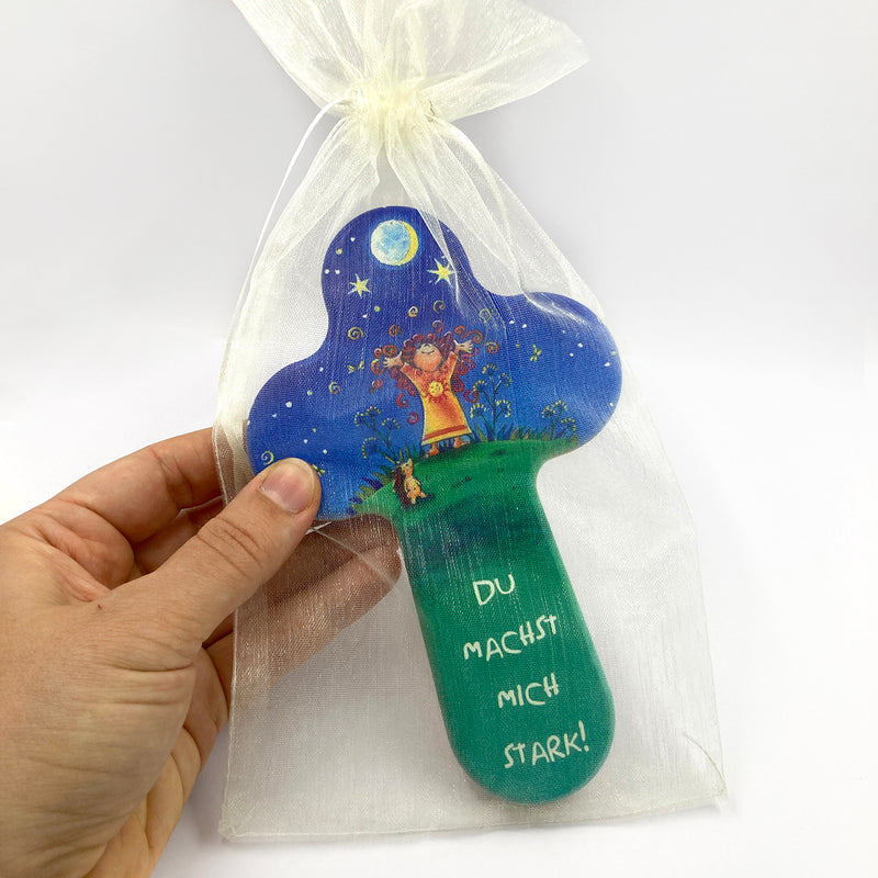 Taufgeschenk Kreuz Holzkreuz schönes Motiv blau grün Kind Sterne Mond Geschenk zur Taufe für Mädchen Jungen christliches katholisches Taufgeschenk Geschenk zur Geburt Kinderkreuz Wandkreuz 16 cm bunt Spruch du machst mich stark 