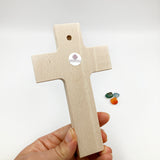 Taufgeschenk Kreuz Holzkreuz schönes Motiv blau grün Kind Sterne Mond Geschenk zur Taufe für Mädchen Jungen christliches katholisches Taufgeschenk Geschenk zur Geburt Kinderkreuz Wandkreuz 16 cm bunt Spruch du machst mich stark 