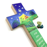 Taufgeschenk Kreuz Holzkreuz schönes Motiv blau grün Kind Sterne Mond Geschenk zur Taufe für Jungen christliches katholisches Taufgeschenk Geschenk zur Geburt Kinderkreuz Wandkreuz 16 cm bunt Spruch du machst mich stark 