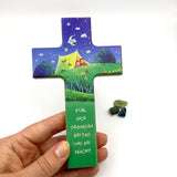 Taufgeschenk Kreuz Holzkreuz schönes Motiv blau grün Kind Sterne Mond Geschenk zur Taufe für Jungen christliches katholisches Taufgeschenk Geschenk zur Geburt Kinderkreuz Wandkreuz 16 cm bunt Spruch du machst mich stark 
