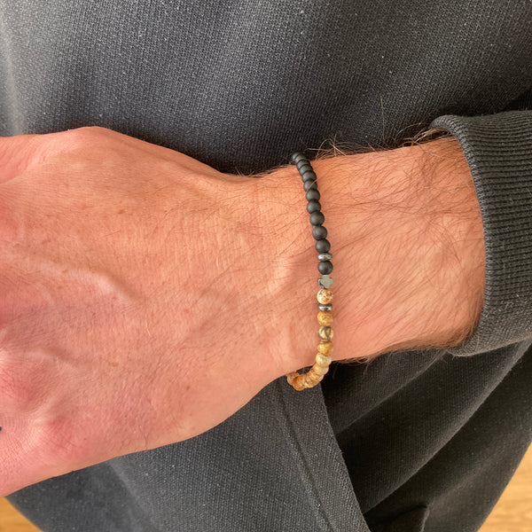 Männerarmband mit Kreuz Geschenk Konfirmation Firmung Junge Bub Jugendlicher Jugendweihe Geschenk Vater Opa Mann schwarzes Armband dehnbar Kreuz Edelstein Onyx Hämatit braun Japsis