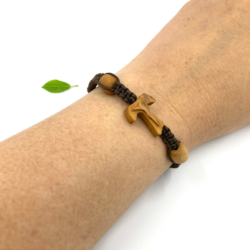 Armband, geknüpft, Tau-Kreuz aus Olivenholz, unisex