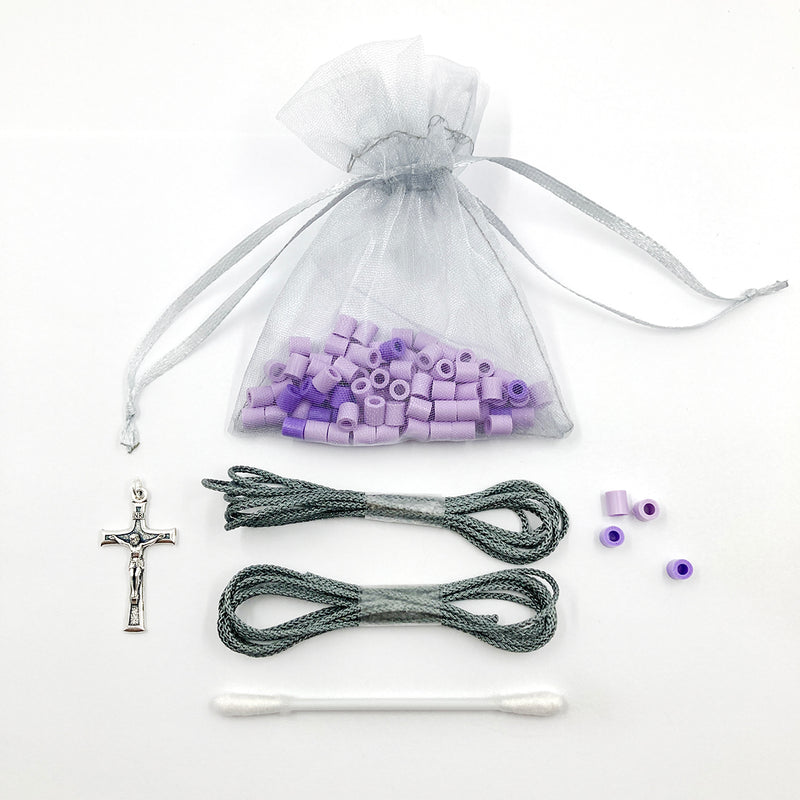 Bastelset Rosenkranz selber knüpfen, Rosenkranz Knüpf Set für Kinder, Rosenkranz selber knüpfen, Anleitung, Rosenkranzgebet, lila, violett
