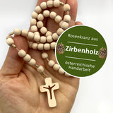 Zirbenholz Rosenkranz Zirbe Nonnen Goldenstein Klosterschwestern Salzburg drei schwestern Zirbe Zirbenholzperlen handgemachter Rosenkranz Österreich handgefertogt handgeknüpft Spende Rosenkranz kaufen Österreich