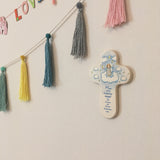 Kinderkreuz "Engel + Spruch", Holz, 16 cm, blau