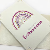 Glückwunschkarte zur Erstkommunion, Kommunion für Mädchen, Grußkarte mit Regenbogen, pink, rosa, lila, Karte für Kommunion