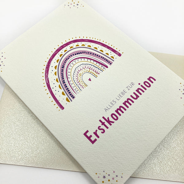 Glückwunschkarte zur Erstkommunion, Kommunion für Mädchen, Grußkarte mit Regenbogen, pink, rosa, lila, Karte für Kommunion
