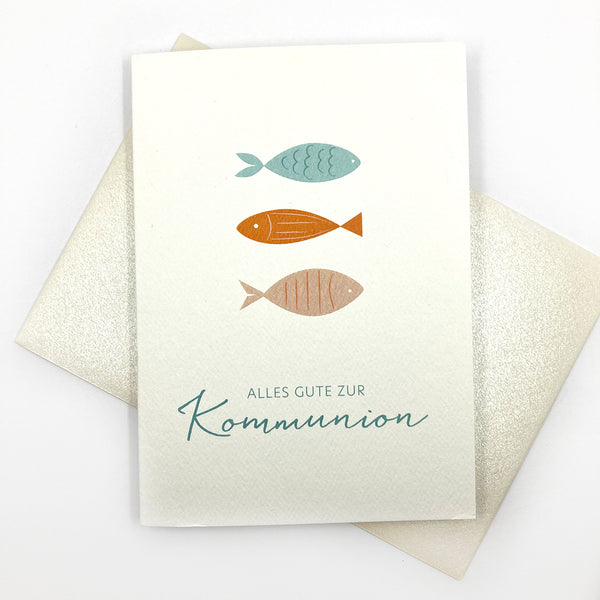 Glückwunschkarte zur Erstkommunion, Kommunion für Mädchen und Jungen, Grußkarte mit Fischmotiv, Fische, Fischen, Karte für Kommunion